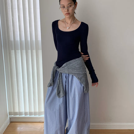 Dorothy's New Autum Product Blue Stripesd Relaxed Wear Stripesd Wide-Leg Pants Women's Loose Drawstring Casual Pants