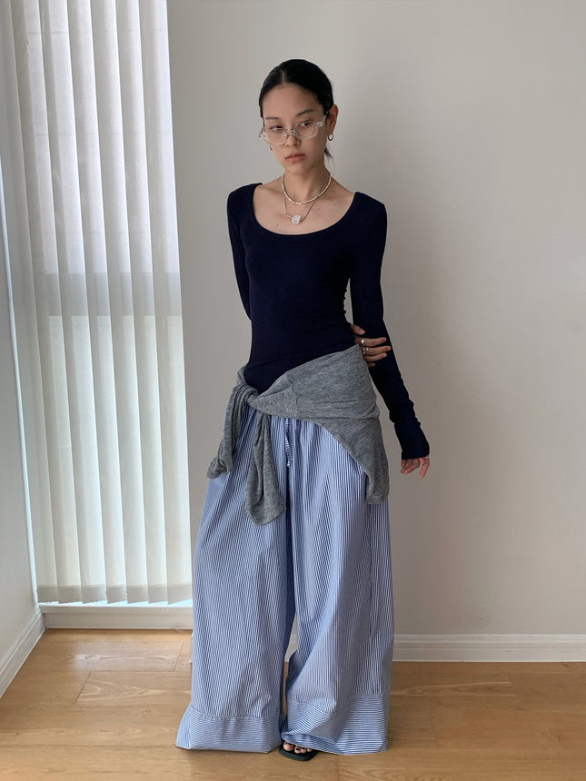 Dorothy's New Autum Product Blue Stripesd Relaxed Wear Stripesd Wide-Leg Pants Women's Loose Drawstring Casual Pants