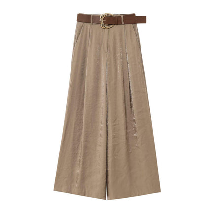 Silk Satin Straight Pants Belt European and American Fashion Versatile Summer Casual Khaki Green Yellow Button Simple