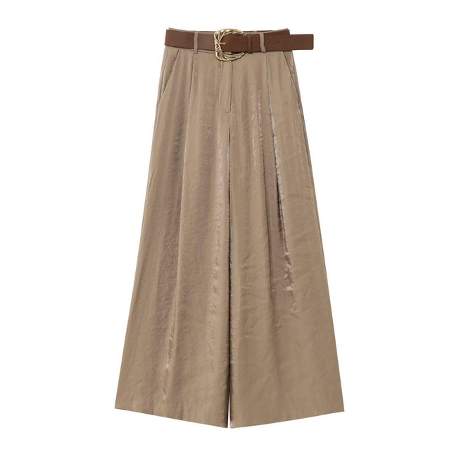Silk Satin Straight Pants Belt European and American Fashion Versatile Summer Casual Khaki Green Yellow Button Simple