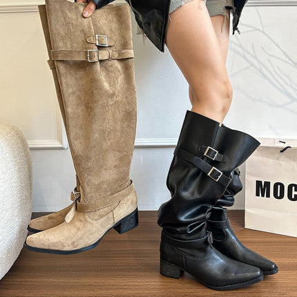 Women's 2025 Autumn/Winter New Vintage Over-The-Knee Long Boots with Pointed Toe and Chunky Heel Slimming Slouch Boots