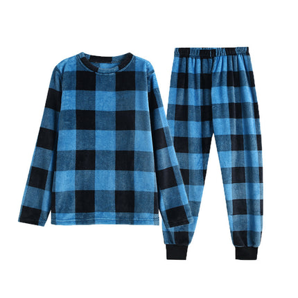 Autumn and winter plaid flannel pajamas set padded warm coral Plaid men's and women's home clothes wholesale