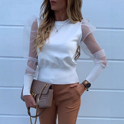 European and American Amazon Mesh Puff Sleeve Patchwork Top Amazon Autumn and Winter Long-Sleeved Women's T-Shirt Manufacturer Wholesale
