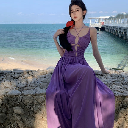 Real shot retro light luxury deep V drawable sexy chiffon suspenders dress famous seaside purple