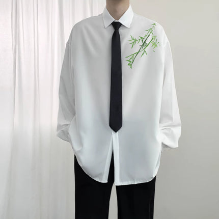 New Chinese Style Ice Silk Tang Dress Shirt Men's National Style Vintage Oil Painting Green Bamboo Printing Long Sleeve Shirt