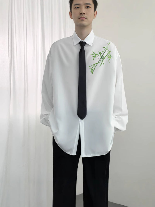 New Chinese Style Ice Silk Tang Dress Shirt Men's National Style Vintage Oil Painting Green Bamboo Printing Long Sleeve Shirt