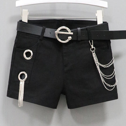 Black Shorts for Women, New Korean Style, Tassel Chain Metal Hot Pants, Mid-Waist Slim Fit, Fashionable Straight-Leg Pants