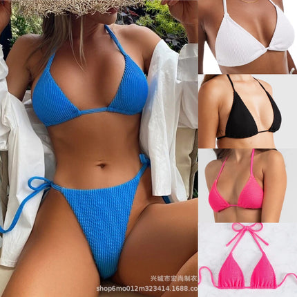 New Bikini Top Three-point Split Swimsuit Women's Solid Color Thread Special Fabric Lace-up Neck Bikini
