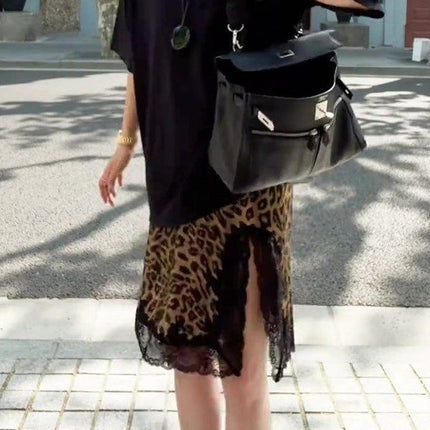 French-Style Light Mature Design with a Niche Vibe, Women's Spring and Autumn Lace Patchwork Thin Leopard Print Midi Skirt