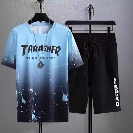 New Quick-drying Ice Silk Gradient suit Men's Short-sleeved T-shirt Summer Casual Shorts Sports Two-piece Handsome Men's Wear