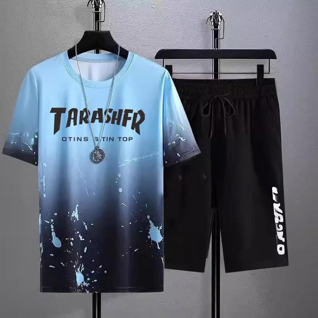 New Quick-drying Ice Silk Gradient suit Men's Short-sleeved T-shirt Summer Casual Shorts Sports Two-piece Handsome Men's Wear
