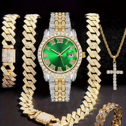 Hiphop Hip Hop Diamond Watch Five-Piece Diamond Cuban Chain Cross Necklace Cuban Ring Cross Border Wholesale