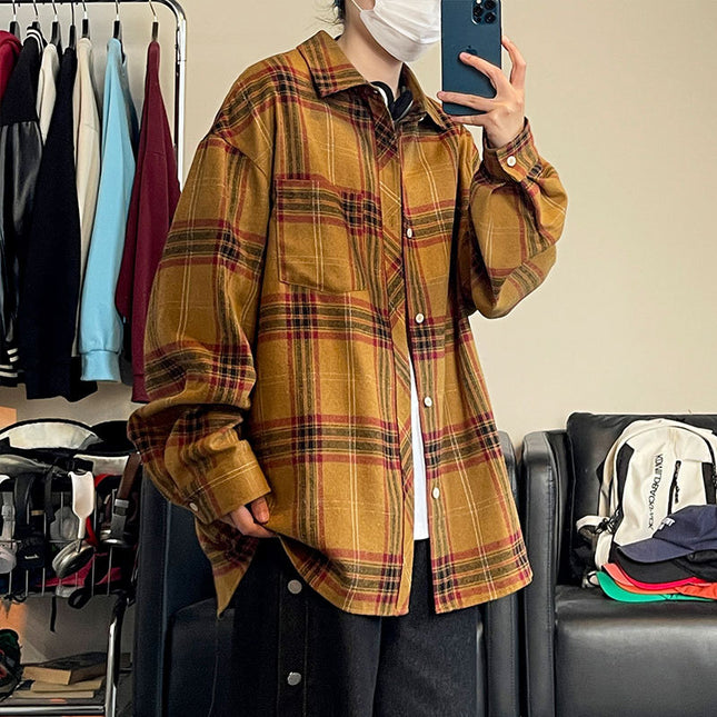 Cross-border Commodity Foreign Trade Loose Retro Plaid Long-sleeved Shirt Men's and Women's Unisex Shirt Coat Shoulder Scrub Shirt