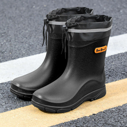 British Men's Mid-Short 20 High Rain Boots Adventure Camping Style Drawstring Reflective Strips Wading Shoes Security Flood-Proof Water Shoes Rubber Shoes