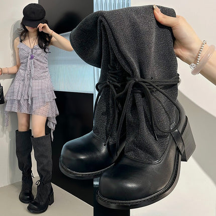 2025 New Trendy Street Style Chunky Heel Platform Slimming Riding Boots Slip-On Lace-Up Stylish Slouch Boots Fashion Boots Trend