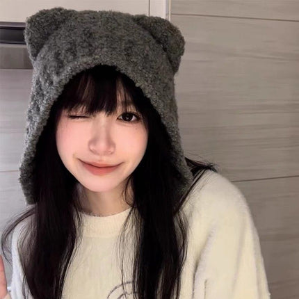 Cute Bear Ear Knitted Hat for Women, Autumn and Winter, Makes the Face Look Smaller, Versatile, Warm Woolen Hat, Cold-Proof Plush Ear Protection Hat