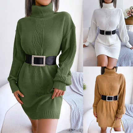 Clearance Sale Autumn/Winter European and American Casual High-Neck Cable-Knit Lantern Sleeve Sweater Dress Amazon Hot-Selling Cross-Border Women's Clothing