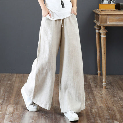 2024 Spring/Summer Literary Cotton and Linen Feel Women's Loose Plus Size Wide-Leg High-Waisted Floor-Length Pants