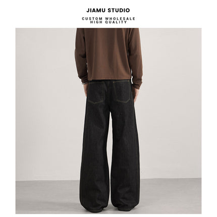 Jiamu Original Cow Stitching American Retro Baggy Jeans Jeans for Men and Women Straight Wide Legs Loose and Neutral