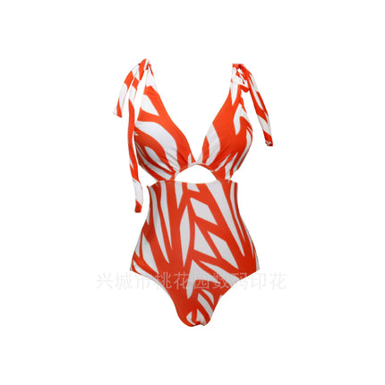 2024 New French lace-up swimsuit women's hot spring beach vacation one-piece bikini sexy printed suit swimsuit