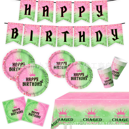 Edge Wipe Pink Green Magic Wicked Witch Theme Holiday Party Decoration Disposable Paper Tray Paper Cup Paper Towel Tablecloth suit