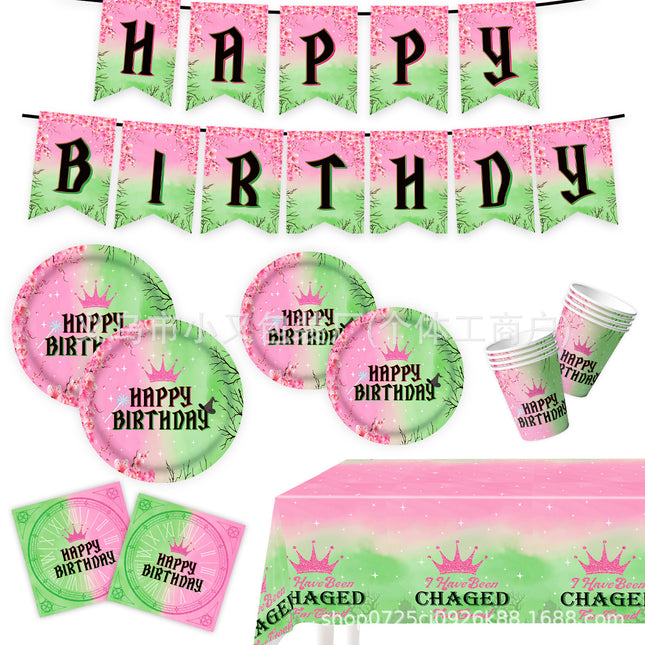 Edge Wipe Pink Green Magic Wicked Witch Theme Holiday Party Decoration Disposable Paper Tray Paper Cup Paper Towel Tablecloth suit