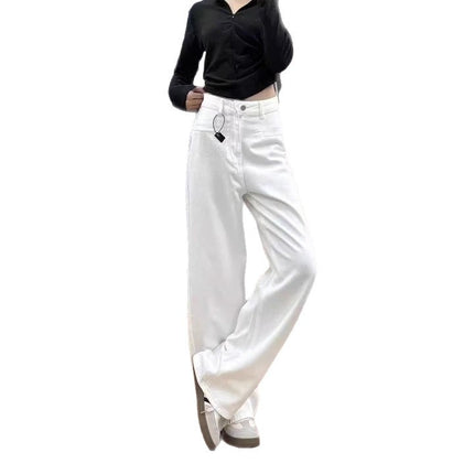 2025 White Wide-Leg Draped Floor-Length Jeans for Women, High-Waisted Slimming Straight Pants, Loose Autumn New Trend