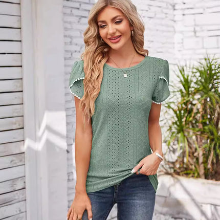 Amazon Independent Station European and American Foreign Trade Cross-border Women's Summer Short-sleeved T-shirt Needle-eye Crewneck Petal Sleeve Top