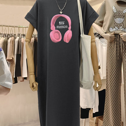 plus size Short-sleeved Cotton Mid-length Dress Women's 2025 Summer New All-match Loose Long Dress Flying Sleeve Split dress
