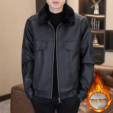 Winter fleece-lined Thickened Jacket Men's High-end Handsome Trendy Biker Clothing Leather Clothing Winter Clothing Warm Cotton Jacket Youth