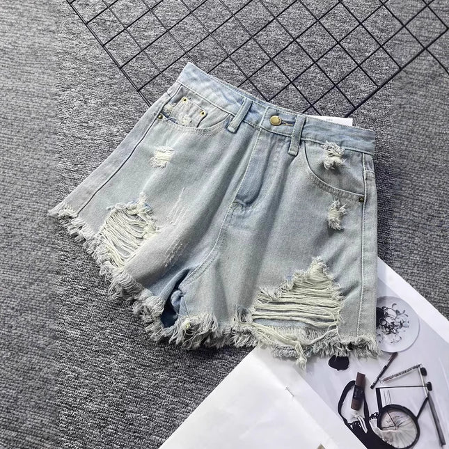 Plus Size Light-Colored Frayed Ripped Denim Shorts for Women, Summer Hot Girl A-Line Hot Pants, High-Waisted Washed Wide-Leg Pants Ins