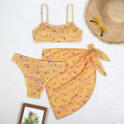 2024 European and American Split Bikini Three-Piece Cross-Border Amazon Sexy Floral Wrap Dress Beach Bikini Swimsuit