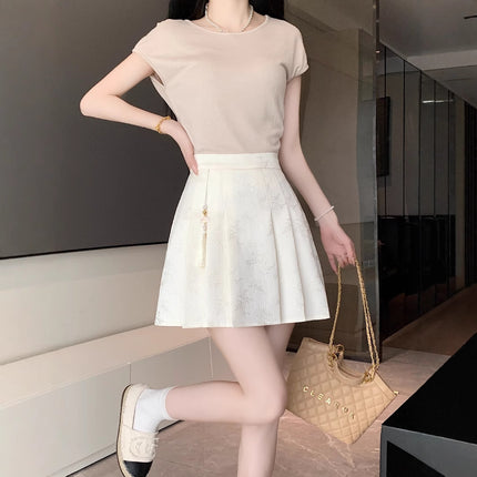 New Chinese A- line Skirt Skirt Women's Early Autumn Black Skirt New Hip Skirt High Waist Slimming Pleated Skirt Free Shipping