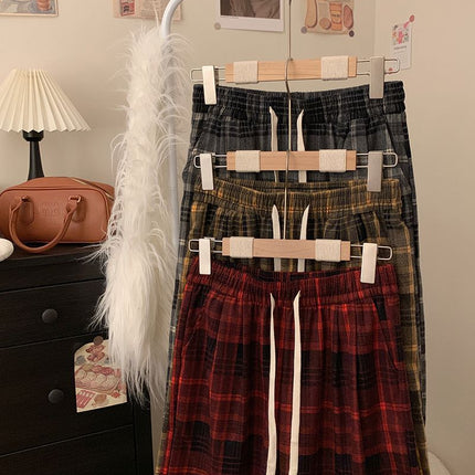 American Retro Plaid Loose Wide-Leg Pants 2025 New Slimming Korean High-Waisted Sports Straight Drape Floor-Length Pants