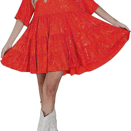 Cross-Border European and American Style Glitter Sequin Half-Sleeved Round Neck Ruffled Loose Short-Sleeved Dress Banquet Dress 10 Colors