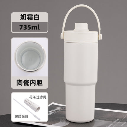 Cross-border high-value 316 stainless steel thermos cup large-capacity double-drink ceramic liner car cup portable handle cup