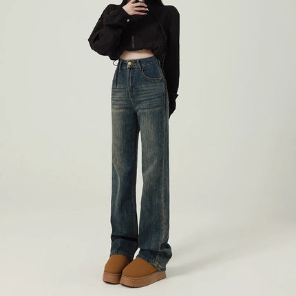 Vintage Cement Grey Narrow Edition Straight Jeans Women's Fashion All-match New Explosive High Waist Slimming Wide Leg Floor Pants