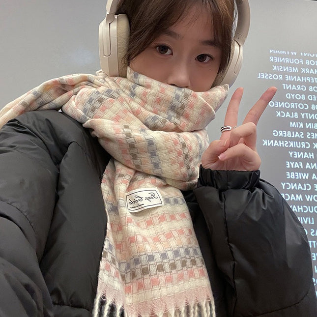 [Dai Green] Autumn and Winter Atmosphere Creamy Plaid Scarf Soft Korean Temperament Shawl Warm Neck Women