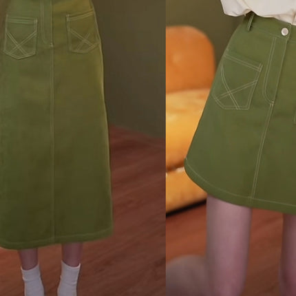 Hong Kong Style Retro Green Skirt Women's 2024 New High Waist A- line Short Skirt