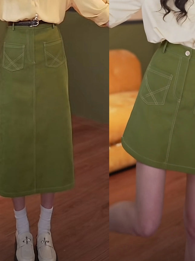 Hong Kong Style Retro Green Skirt Women's 2024 New High Waist A- line Short Skirt