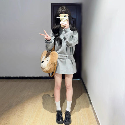 French gray hooded sweater long sleeve dress early spring 2025 new spring temperament wear waist skirt