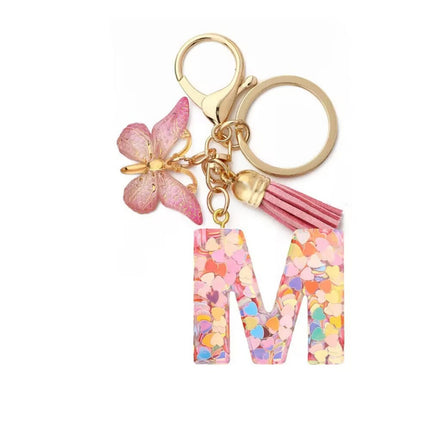 1 Px Pink Heart Sequins Resin English Letter Key Chain Pendant Butterfly Tassel Accessories Key Hanging