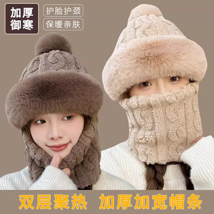 Hat Women's Winter Cycling Mask Full Face Hood Windproof Neck Scarf Fleece-Lined Ear Protection Hood Warm All-In-One Hat