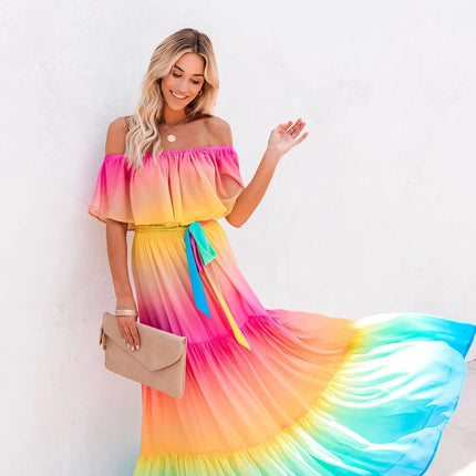 2025 Export New Wish New Printed Long Skirt Dress Amazon Ebay One-Line Collar Cross-Border European and American Dress