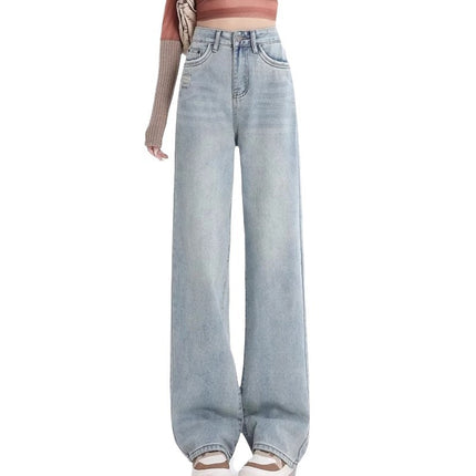 light blue Straight Leg Jeans Women's Autumn Fashion All-match New High Waist Slimming Dipped Narrow Wide Leg Pants