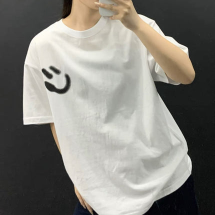 in stock New Cotton Behind Smiley Distinctive Korean Style Retro Printed White Round Neck Loose Short-sleeved T-shirt for Lovers