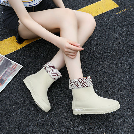 Rain Boots, Women's Mid-Calf Shoes, Adult Women's Shoes, High-Top Non-Slip Shoes, Work Rubber Shoes, Women's Waterproof Low-Heeled Shoes with Removable Cotton Lining