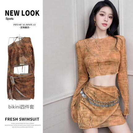 Four-Piece Sexy Bikini Set with Long Sleeves, Tummy-Concealing, Slimming, Suitable for Hot Spring Vacation, Women's Swimsuit