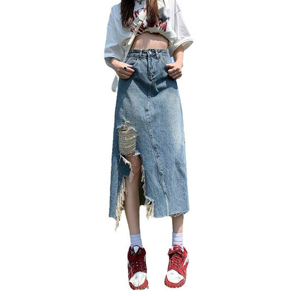 Irregular Raw Edge Denim Skirt for Women in Autum New Pear-shaped Figure High Waist Slimming Look Mid-length A-line Skirt