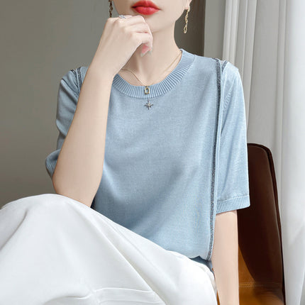 Breathable Tencel 26 New Summer Women's Round Neck Short Fashion T-Shirt Thin Base Shirt with Rhinestones Short Sleeve Top
